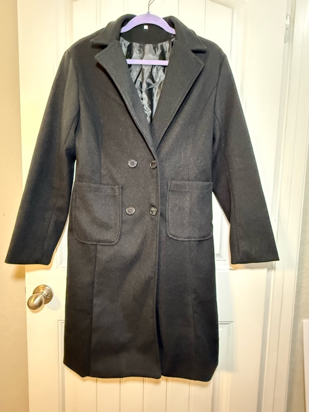 Black Long Peacoat Coat Jacket Women’s Large Fits Like Medium Non Wool